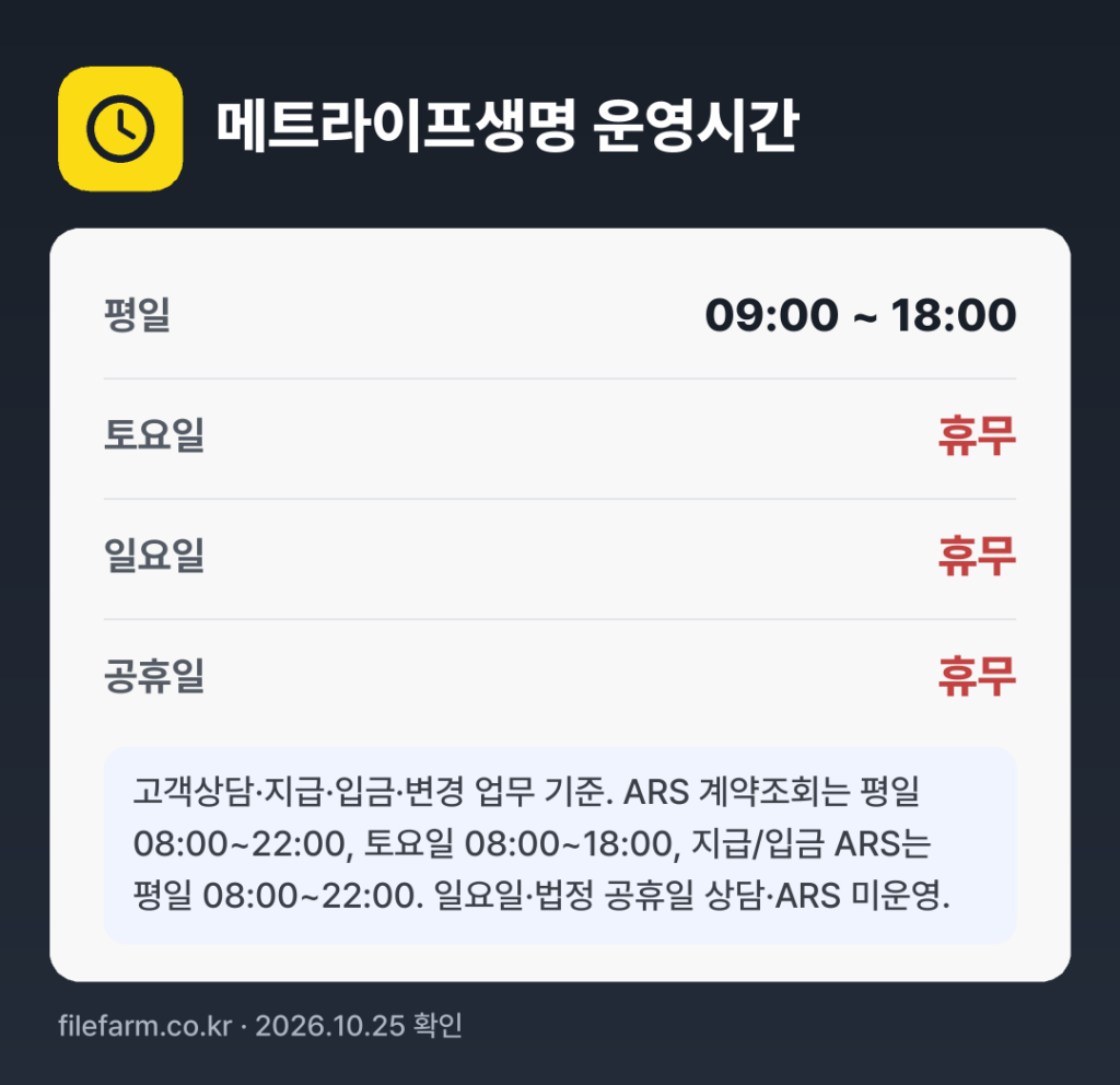 메트라이프생명 운영시간: 평일 09:00 ~ 18:00 · 토 · 일 · 공휴일 휴무