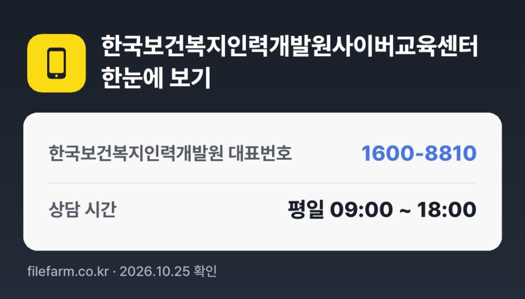 한국보건복지인력개발원사이버교육센터 한눈에 보기: 1600-8810 · 평일 09:00 ~ 18:00 · 토 · 일 · 공휴일 휴무