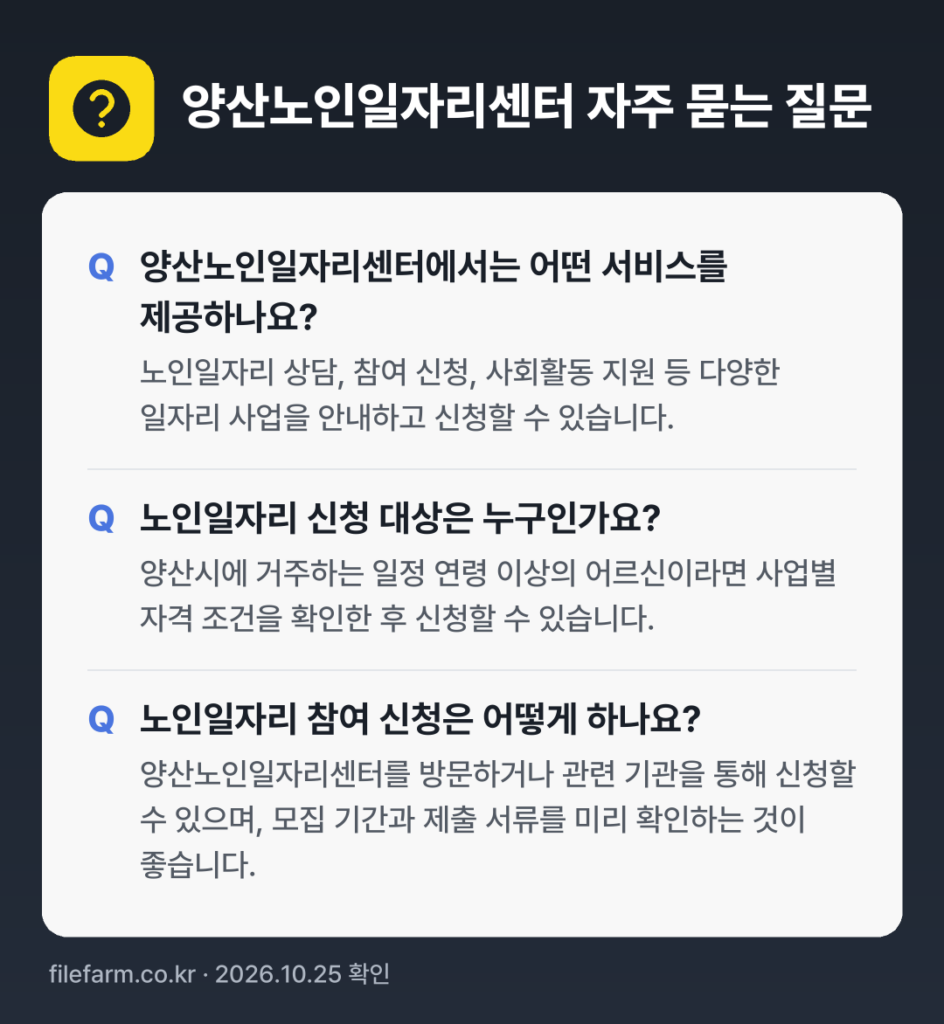 양산노인일자리센터 자주 묻는 질문: 양산노인일자리센터에서는 어떤 서비스를 제공하나요? / 노인일자리 신청 대상은 누구인가요? / 노인일자리 참여 신청은 어떻게 하나요?