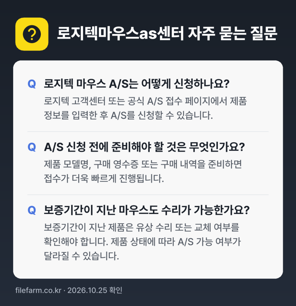 로지텍마우스as센터 자주 묻는 질문: 로지텍 마우스 A/S는 어떻게 신청하나요? / A/S 신청 전에 준비해야 할 것은 무엇인가요? / 보증기간이 지난 마우스도 수리가 가능한가요?