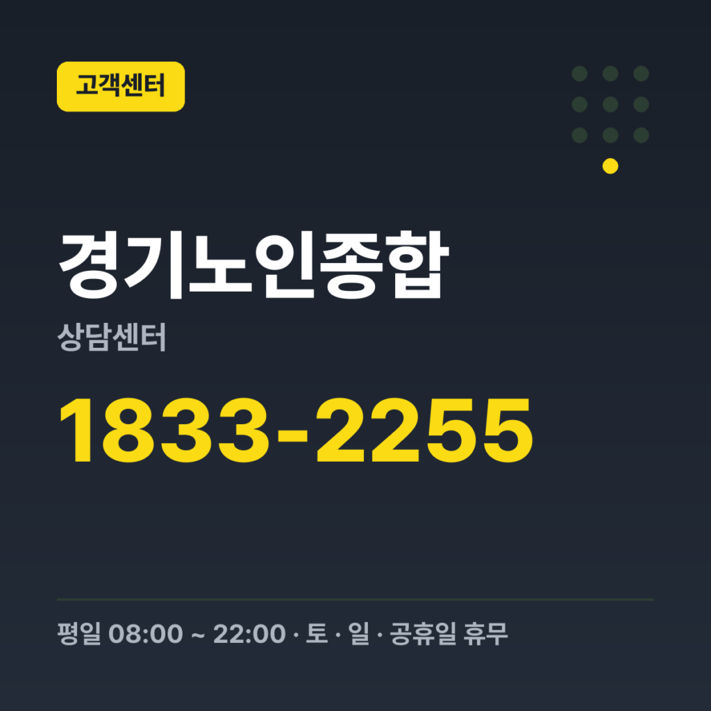 경기노인종합상담센터 노인온(ON-溫) 전화상담 1833-2255 · 평일 08:00 ~ 22:00 · 토 · 일 · 공휴일 휴무