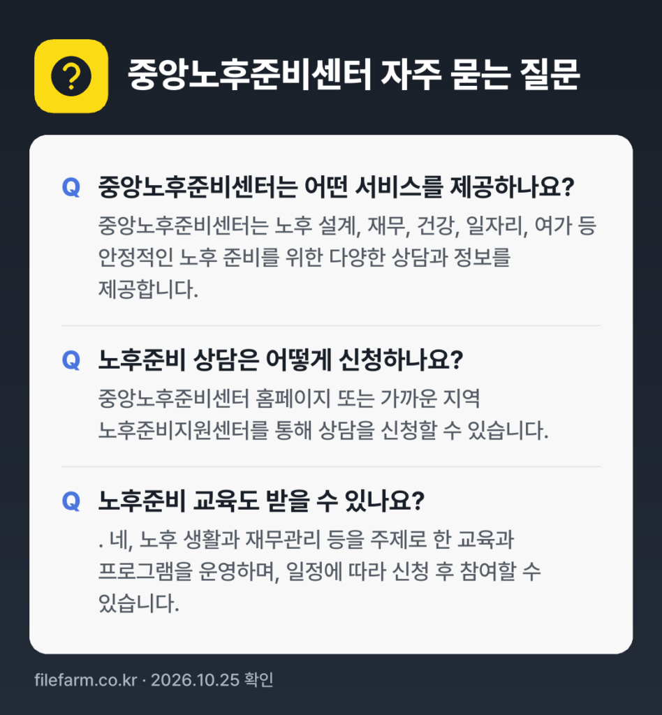 중앙노후준비센터 자주 묻는 질문: 중앙노후준비센터는 어떤 서비스를 제공하나요? / 노후준비 상담은 어떻게 신청하나요? / 노후준비 교육도 받을 수 있나요?