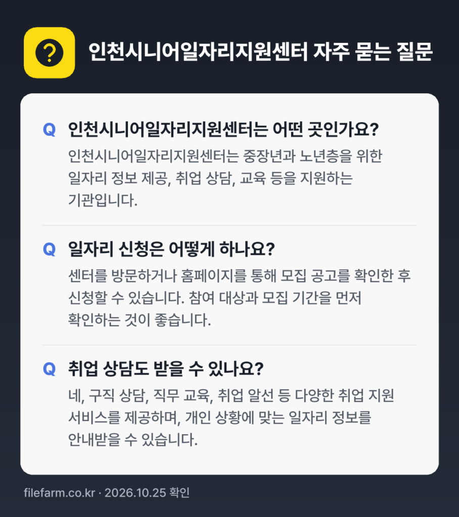 인천시니어일자리지원센터 자주 묻는 질문: 인천시니어일자리지원센터는 어떤 곳인가요? / 일자리 신청은 어떻게 하나요? / 취업 상담도 받을 수 있나요?