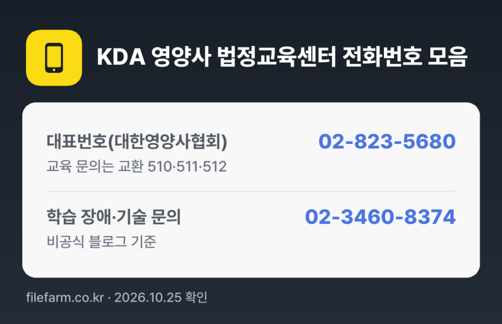 KDA 영양사 법정교육센터 전화번호 모음: 대표번호(대한영양사협회) 02-823-5680, 학습 장애·기술 문의 02-3460-8374