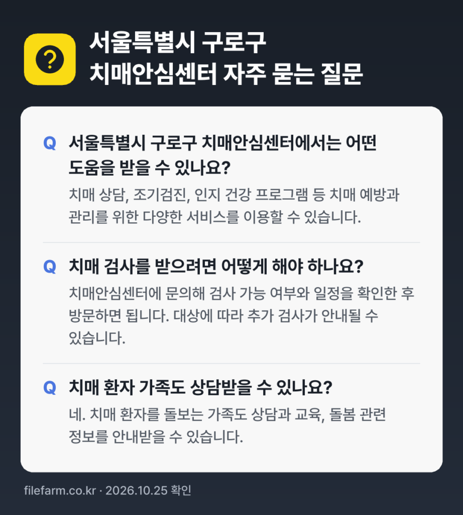 서울특별시 구로구 치매안심센터 자주 묻는 질문: 서울특별시 구로구 치매안심센터에서는 어떤 도움을 받을 수 있나요? / 치매 검사를 받으려면 어떻게 해야 하나요? / 치매 환자 가족도 상담받을 수 있나요?