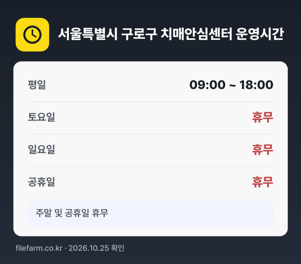 서울특별시 구로구 치매안심센터 운영시간: 평일 09:00 ~ 18:00 · 토 · 일 · 공휴일 휴무