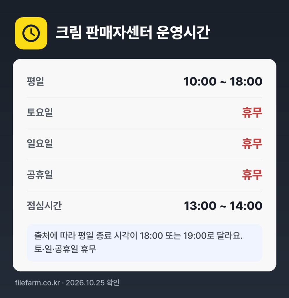 크림 판매자센터 운영시간: 평일 10:00 ~ 18:00 · 토 · 일 · 공휴일 휴무 · 점심시간 13:00 ~ 14:00