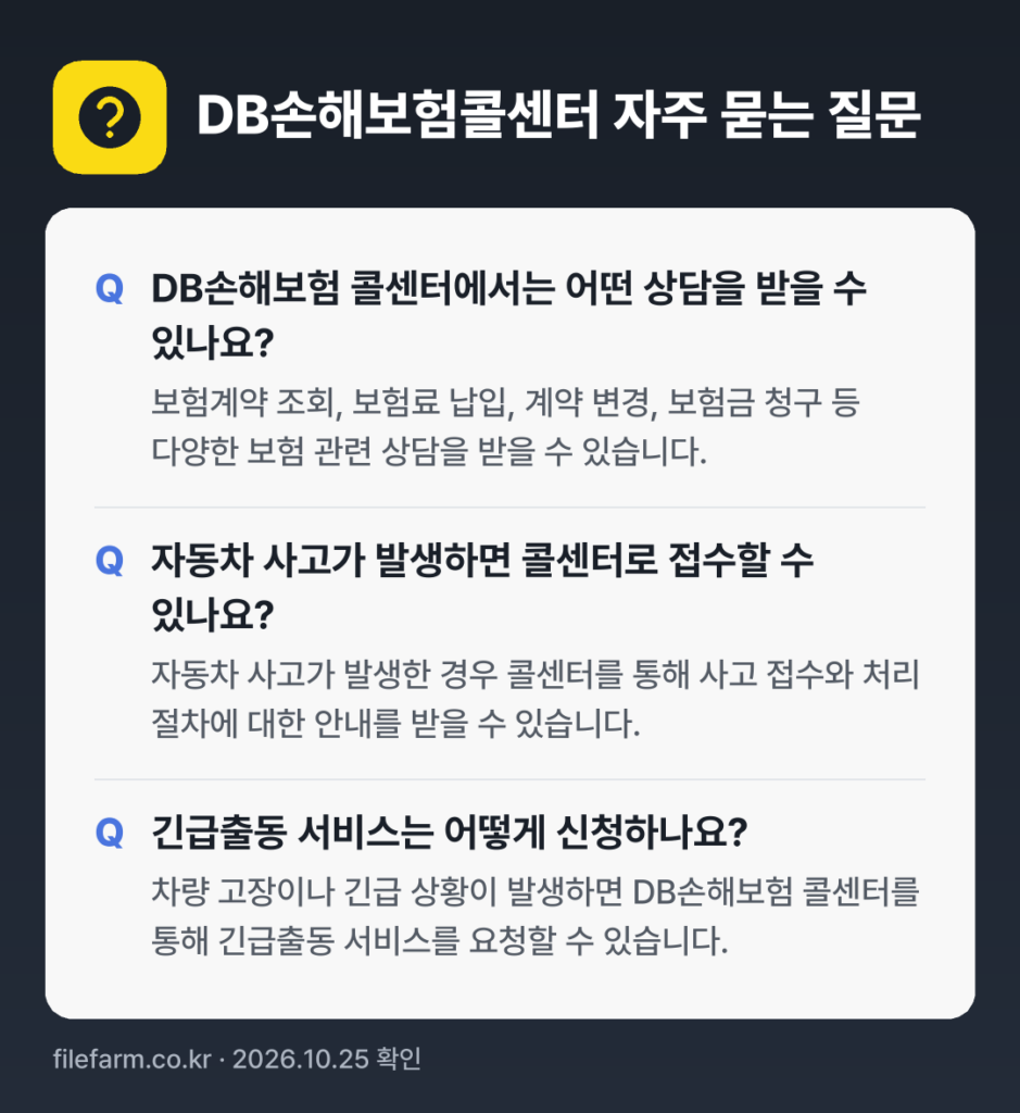 DB손해보험콜센터 자주 묻는 질문: DB손해보험 콜센터에서는 어떤 상담을 받을 수 있나요? / 자동차 사고가 발생하면 콜센터로 접수할 수 있나요? / 긴급출동 서비스는 어떻게 신청하나요?