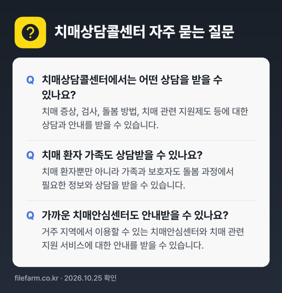 치매상담콜센터 자주 묻는 질문: 치매상담콜센터에서는 어떤 상담을 받을 수 있나요? / 치매 환자 가족도 상담받을 수 있나요? / 가까운 치매안심센터도 안내받을 수 있나요?