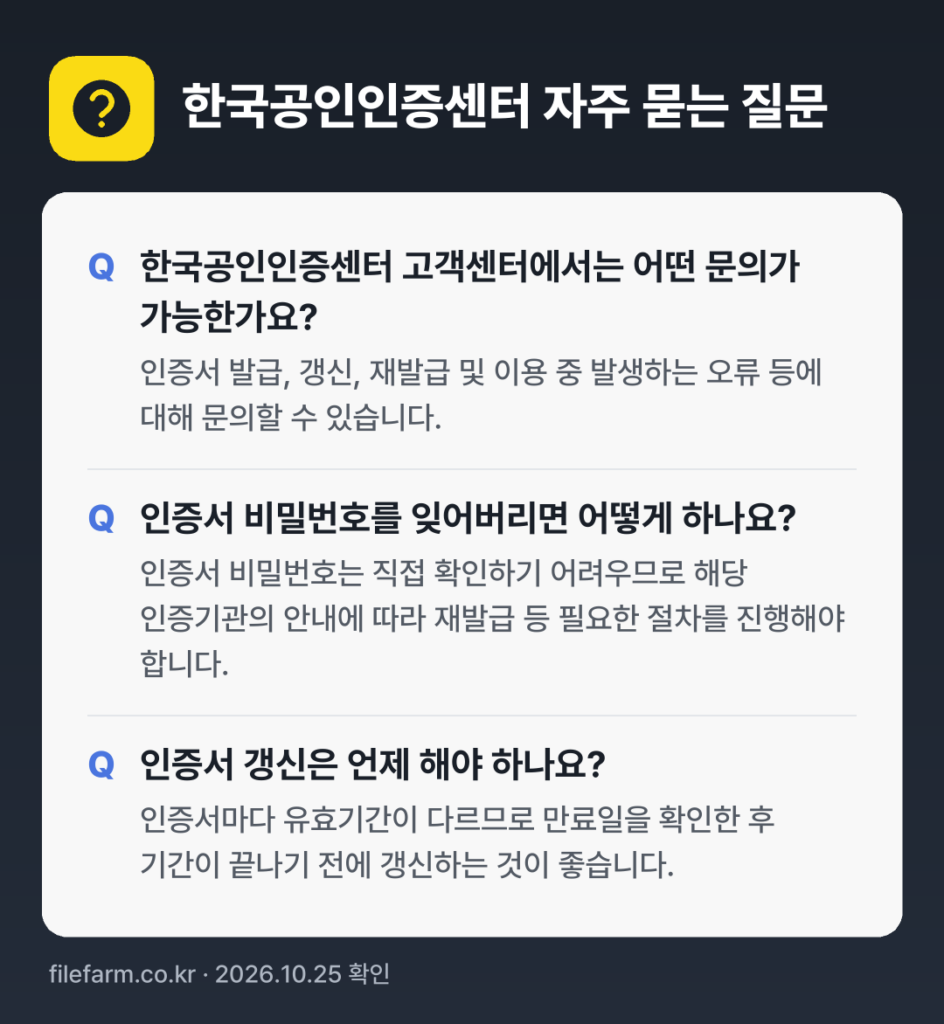 한국공인인증센터 자주 묻는 질문: 한국공인인증센터 고객센터에서는 어떤 문의가 가능한가요? / 인증서 비밀번호를 잊어버리면 어떻게 하나요? / 인증서 갱신은 언제 해야 하나요?