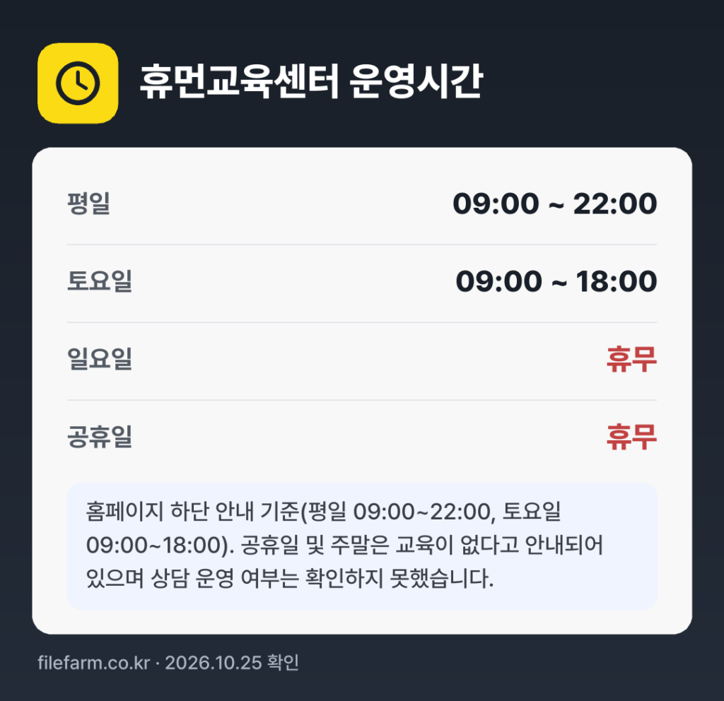 휴먼교육센터 운영시간: 평일 09:00 ~ 22:00 · 토 09:00 ~ 18:00 · 일 · 공휴일 휴무