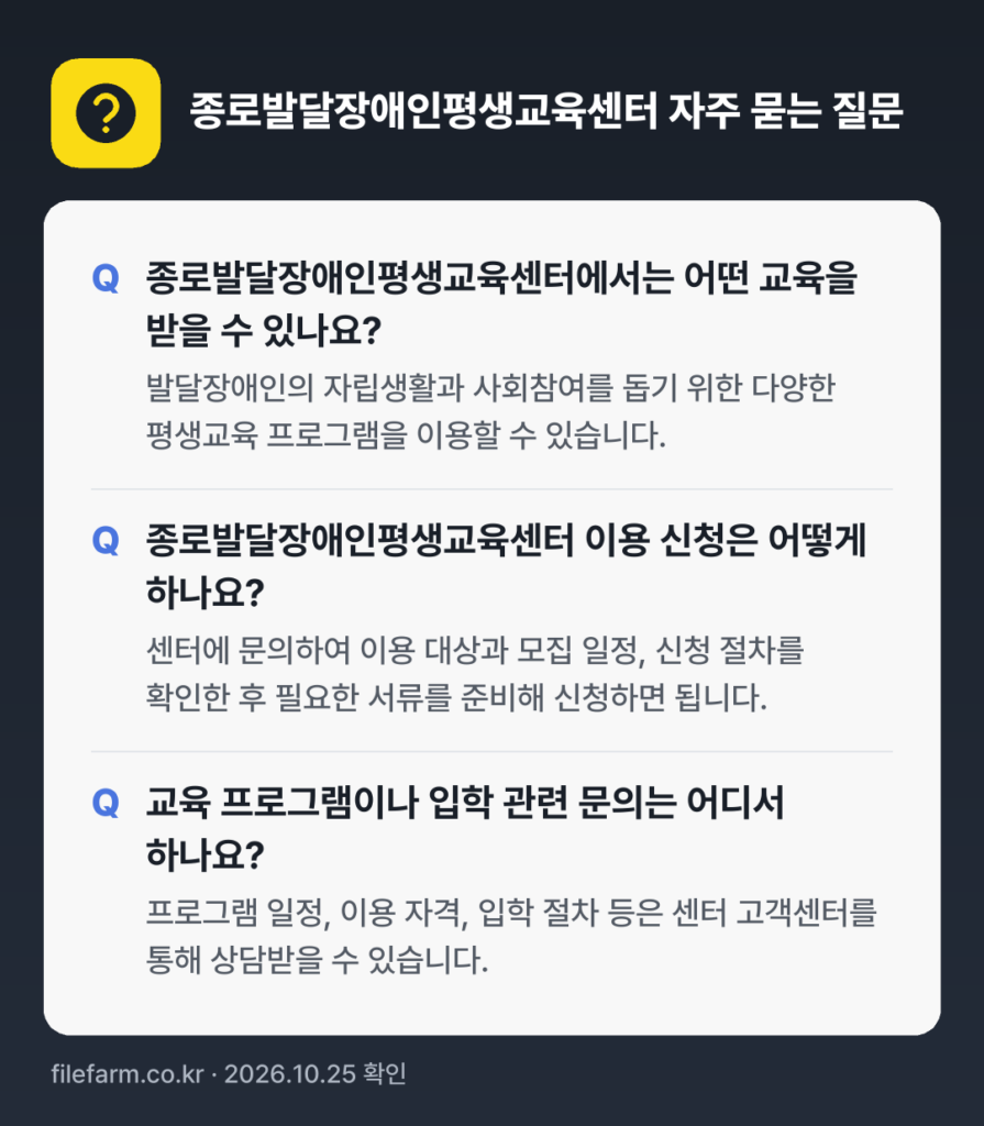 종로발달장애인평생교육센터 자주 묻는 질문: 종로발달장애인평생교육센터에서는 어떤 교육을 받을 수 있나요? / 종로발달장애인평생교육센터 이용 신청은 어떻게 하나요? / 교육 프로그램이나 입학 관련 문의는 어디서 하나요?