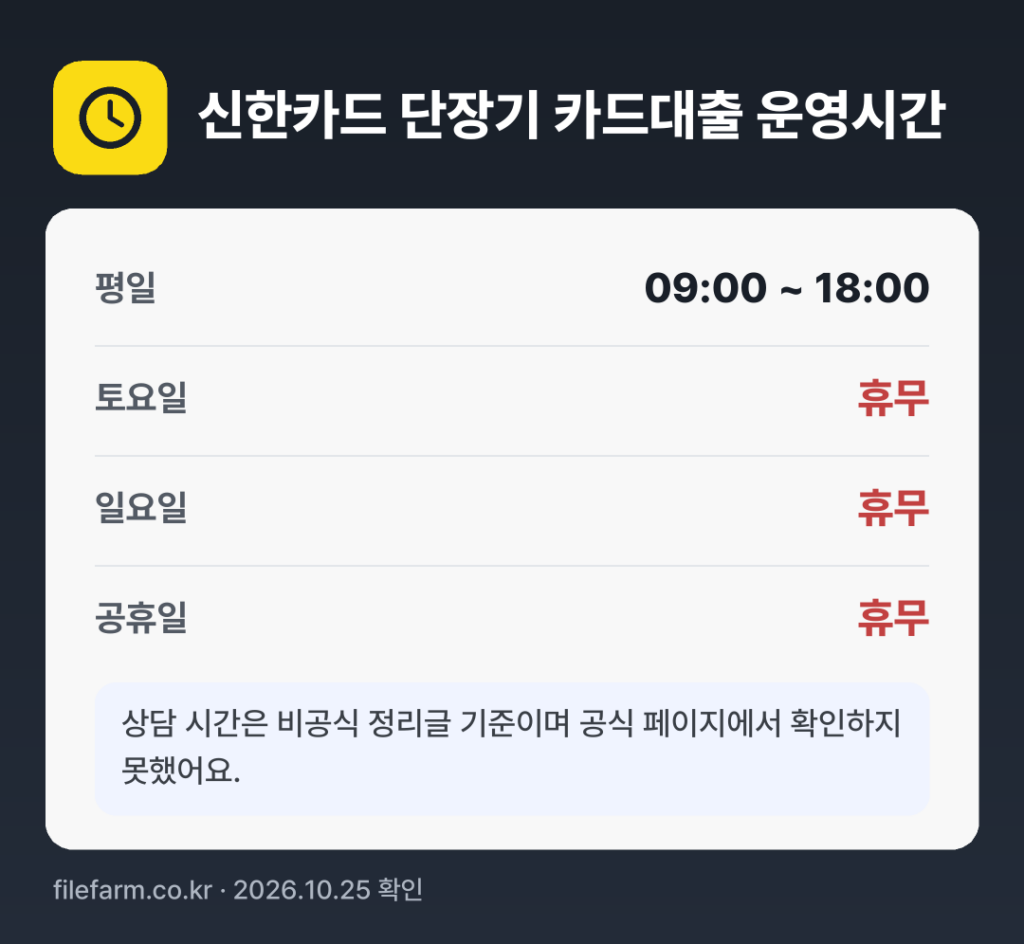 신한카드 단장기 카드대출 운영시간: 평일 09:00 ~ 18:00 · 토 · 일 · 공휴일 휴무