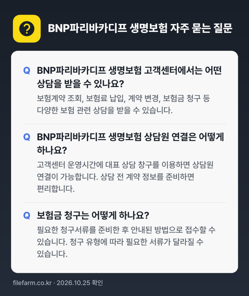 BNP파리바카디프 생명보험 자주 묻는 질문: BNP파리바카디프 생명보험 고객센터에서는 어떤 상담을 받을 수 있나요? / BNP파리바카디프 생명보험 상담원 연결은 어떻게 하나요? / 보험금 청구는 어떻게 하나요?