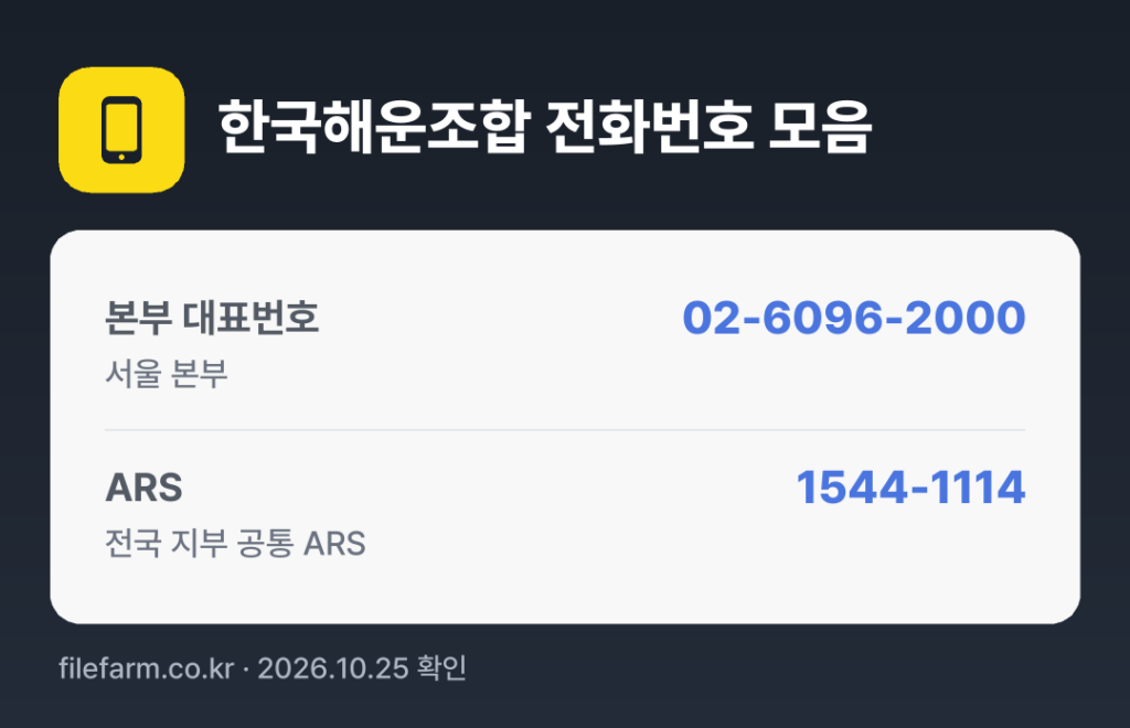 한국해운조합 전화번호 모음: 본부 대표번호 02-6096-2000, ARS 1544-1114