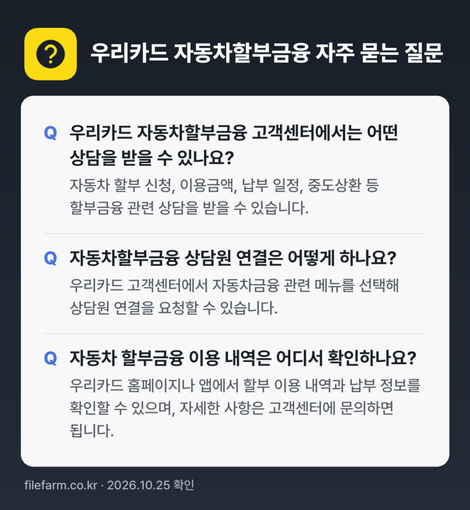 우리카드 자동차할부금융 자주 묻는 질문: 우리카드 자동차할부금융 고객센터에서는 어떤 상담을 받을 수 있나요? / 자동차할부금융 상담원 연결은 어떻게 하나요? / 자동차 할부금융 이용 내역은 어디서 확인하나요?