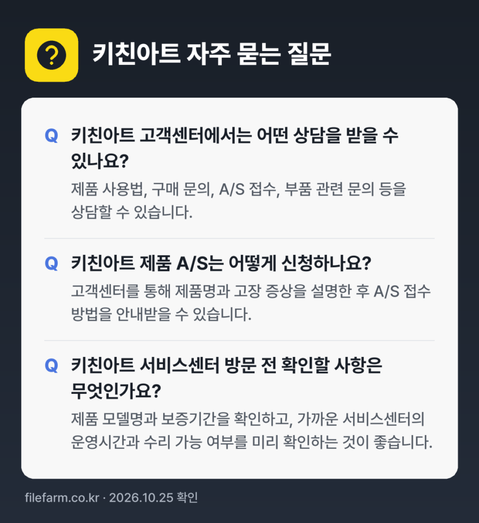 키친아트 자주 묻는 질문: 키친아트 고객센터에서는 어떤 상담을 받을 수 있나요? / 키친아트 제품 A/S는 어떻게 신청하나요? / 키친아트 서비스센터 방문 전 확인할 사항은 무엇인가요?