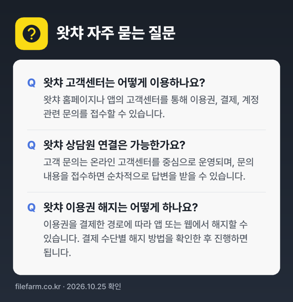 왓챠 자주 묻는 질문: 왓챠 고객센터는 어떻게 이용하나요? / 왓챠 상담원 연결은 가능한가요? / 왓챠 이용권 해지는 어떻게 하나요?