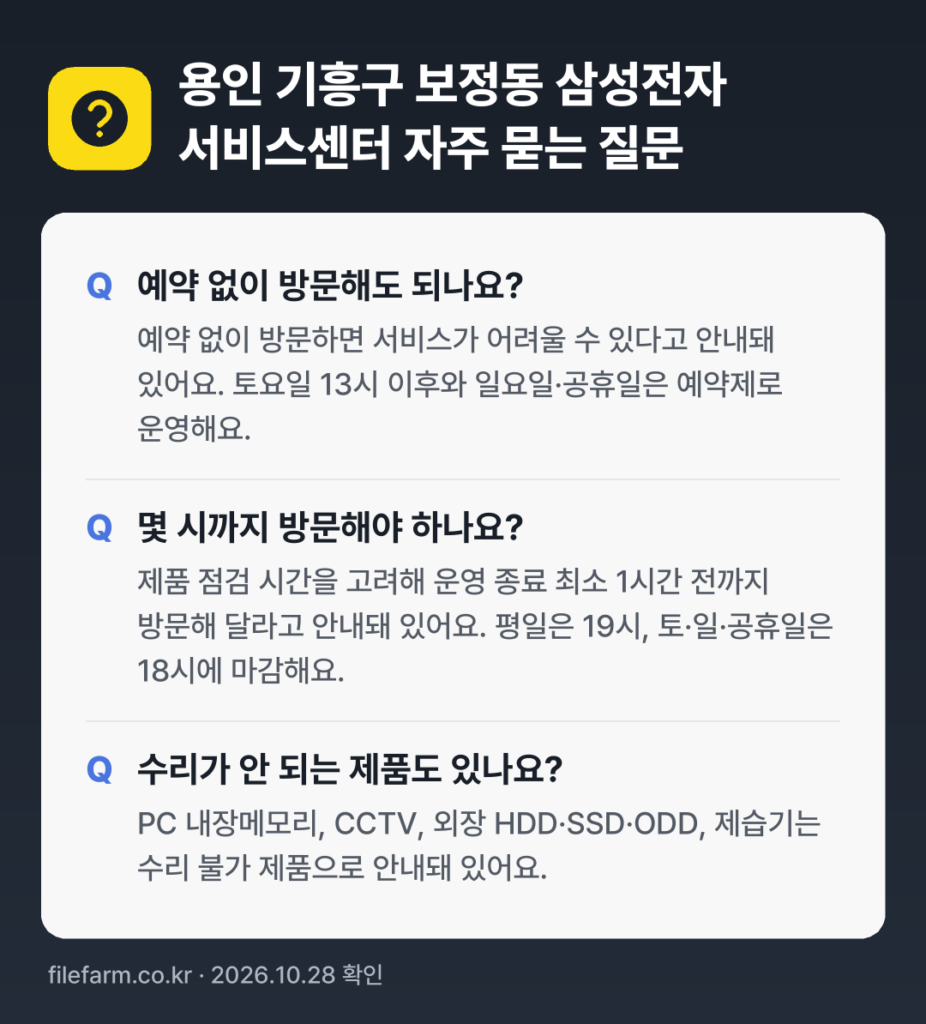용인 기흥구 보정동 삼성전자 서비스센터 자주 묻는 질문: 예약 없이 방문해도 되나요? / 몇 시까지 방문해야 하나요? / 수리가 안 되는 제품도 있나요?