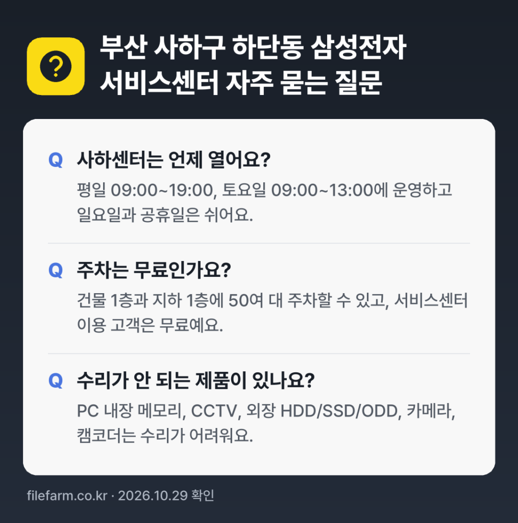 부산 사하구 하단동 삼성전자 서비스센터 자주 묻는 질문: 사하센터는 언제 열어요? / 주차는 무료인가요? / 수리가 안 되는 제품이 있나요?