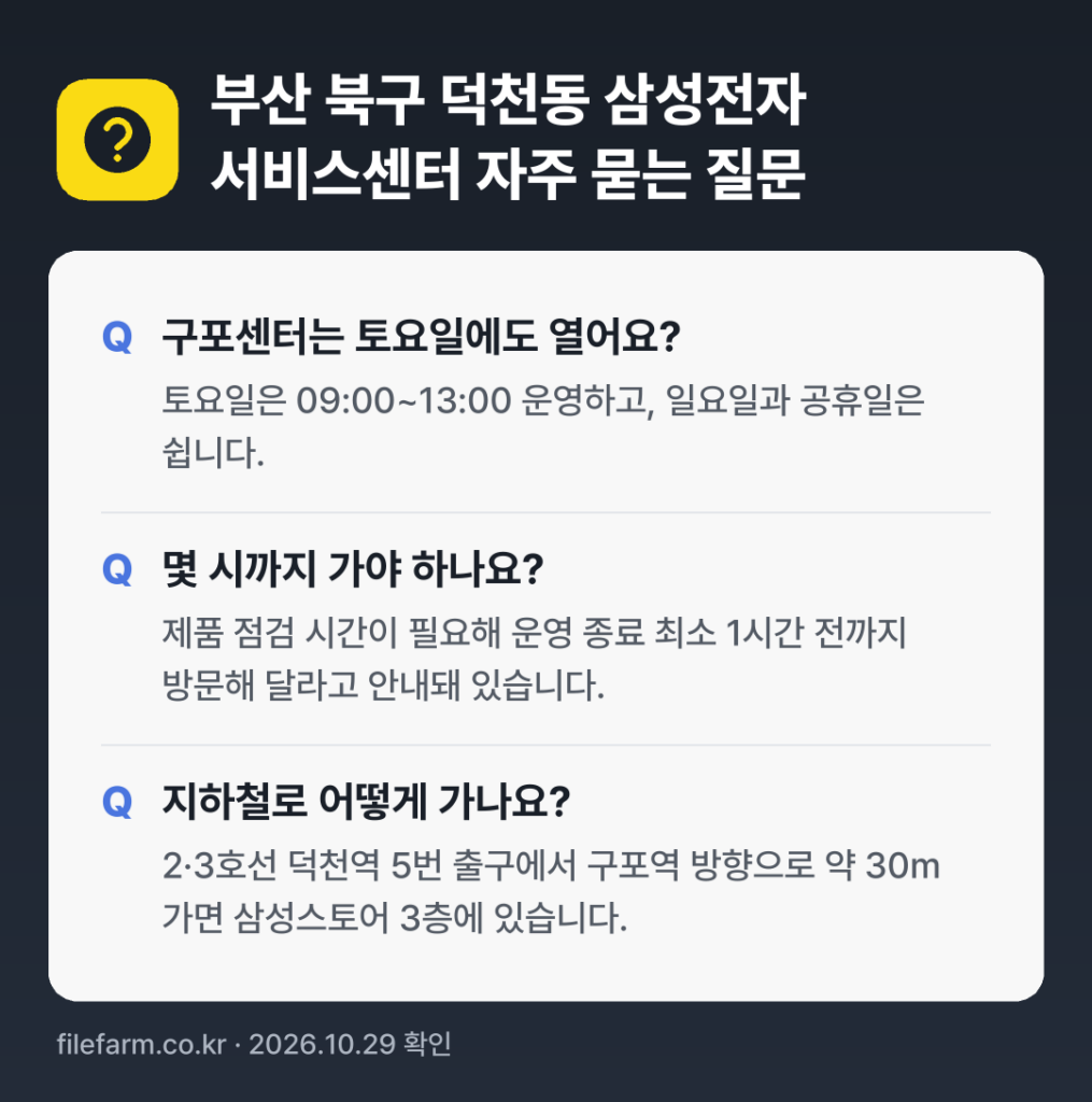 부산 북구 덕천동 삼성전자 서비스센터 자주 묻는 질문: 구포센터는 토요일에도 열어요? / 몇 시까지 가야 하나요? / 지하철로 어떻게 가나요?