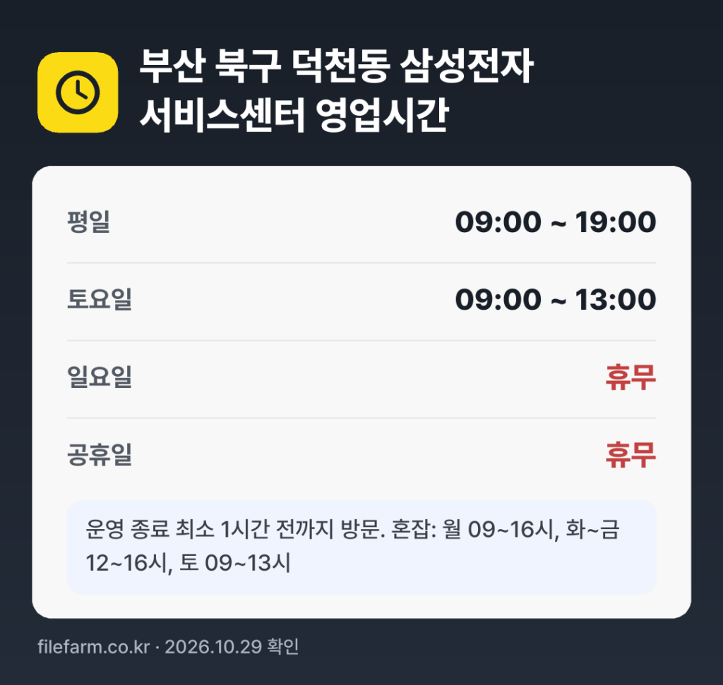부산 북구 덕천동 삼성전자 서비스센터 영업시간: 평일 09:00 ~ 19:00 · 토 09:00 ~ 13:00 · 일 · 공휴일 휴무