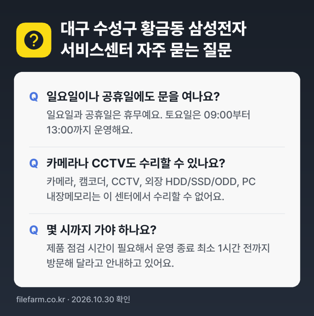 대구 수성구 황금동 삼성전자 서비스센터 자주 묻는 질문: 일요일이나 공휴일에도 문을 여나요? / 카메라나 CCTV도 수리할 수 있나요? / 몇 시까지 가야 하나요?