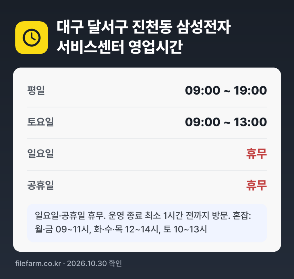 대구 달서구 진천동 삼성전자 서비스센터 영업시간: 평일 09:00 ~ 19:00 · 토 09:00 ~ 13:00 · 일 · 공휴일 휴무