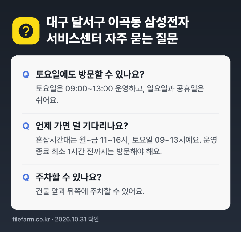대구 달서구 이곡동 삼성전자 서비스센터 자주 묻는 질문: 토요일에도 방문할 수 있나요? / 언제 가면 덜 기다리나요? / 주차할 수 있나요?