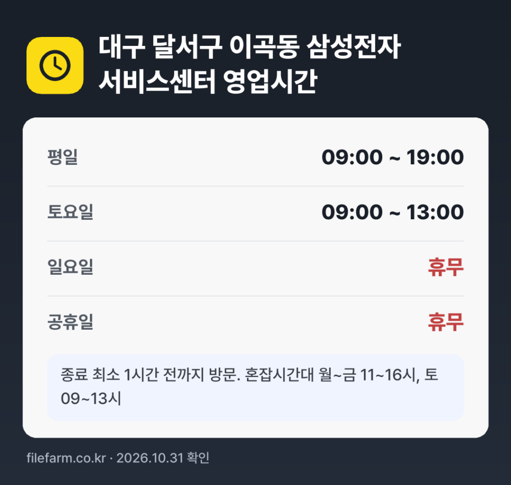 대구 달서구 이곡동 삼성전자 서비스센터 영업시간: 평일 09:00 ~ 19:00 · 토 09:00 ~ 13:00 · 일 · 공휴일 휴무