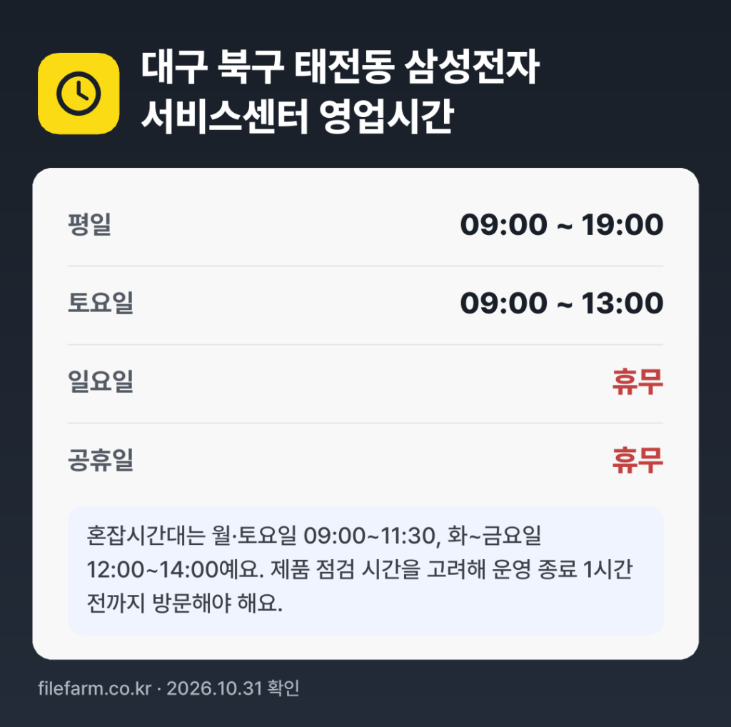 대구 북구 태전동 삼성전자 서비스센터 영업시간: 평일 09:00 ~ 19:00 · 토 09:00 ~ 13:00 · 일 · 공휴일 휴무