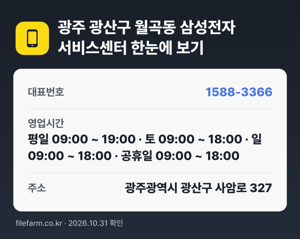 광주 광산구 월곡동 삼성전자 서비스센터 한눈에 보기: 1588-3366 · 평일 09:00 ~ 19:00 · 토 09:00 ~ 18:00 · 일 09:00 ~ 18:00 · 공휴일 09:00 ~ 18:00
