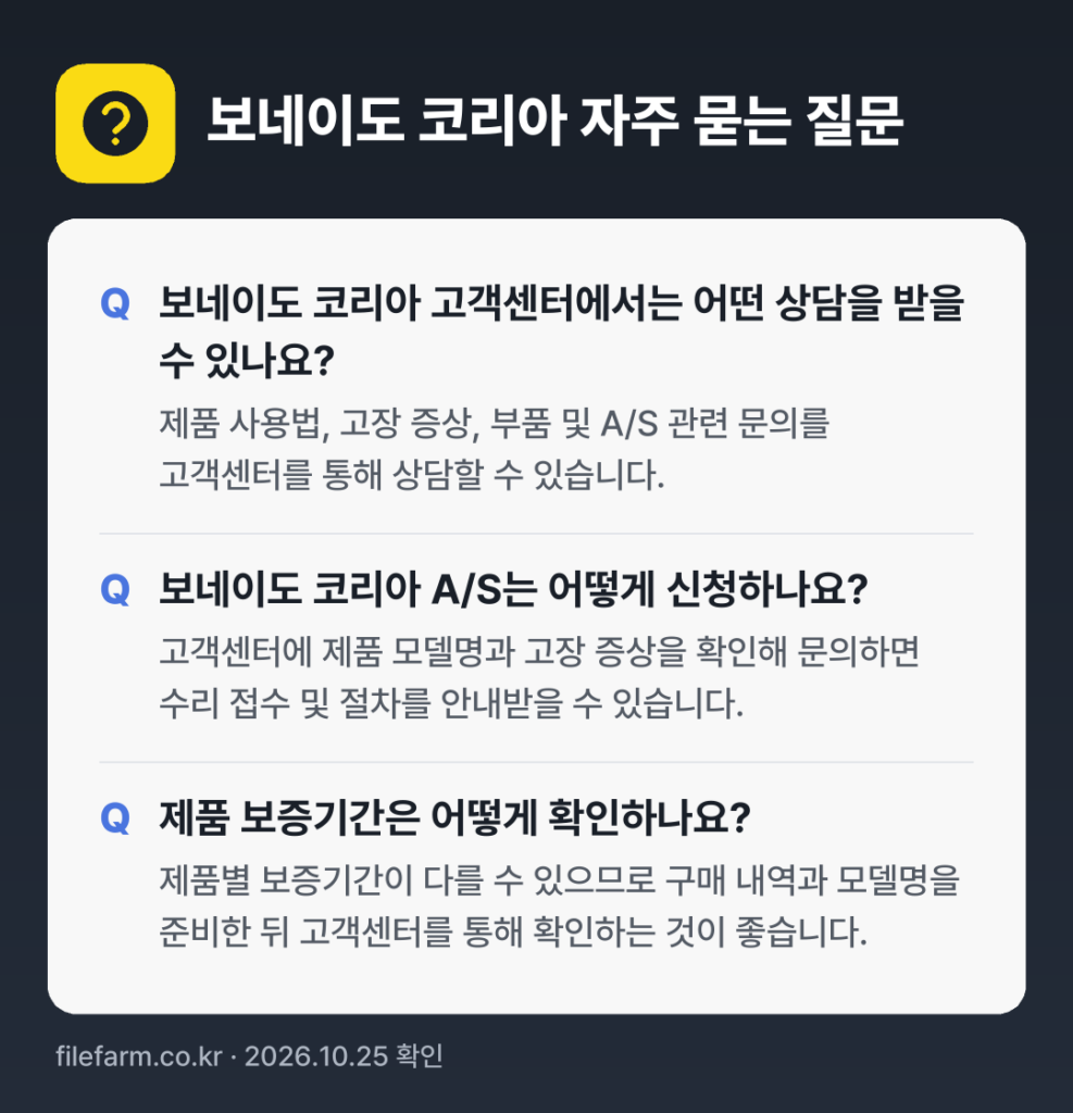 보네이도 코리아 자주 묻는 질문: 보네이도 코리아 고객센터에서는 어떤 상담을 받을 수 있나요? / 보네이도 코리아 A/S는 어떻게 신청하나요? / 제품 보증기간은 어떻게 확인하나요?