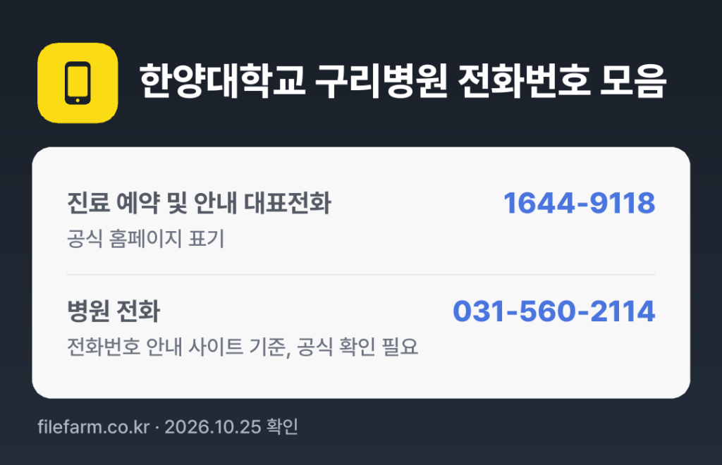 한양대학교 구리병원 전화번호 모음: 진료 예약 및 안내 대표전화 1644-9118, 병원 전화 031-560-2114