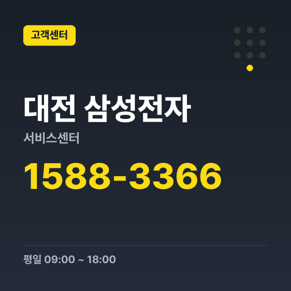 대전 삼성전자 서비스센터 컨택센터 대표번호 1588-3366 · 평일 09:00 ~ 18:00 · 토 09:00 ~ 13:00 · 일 · 공휴일 휴무